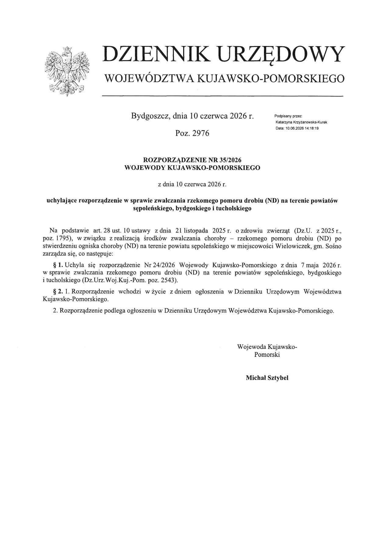 Informacja o wygaśnięciu ogniska Rzekomego Pomoru Drobiu
